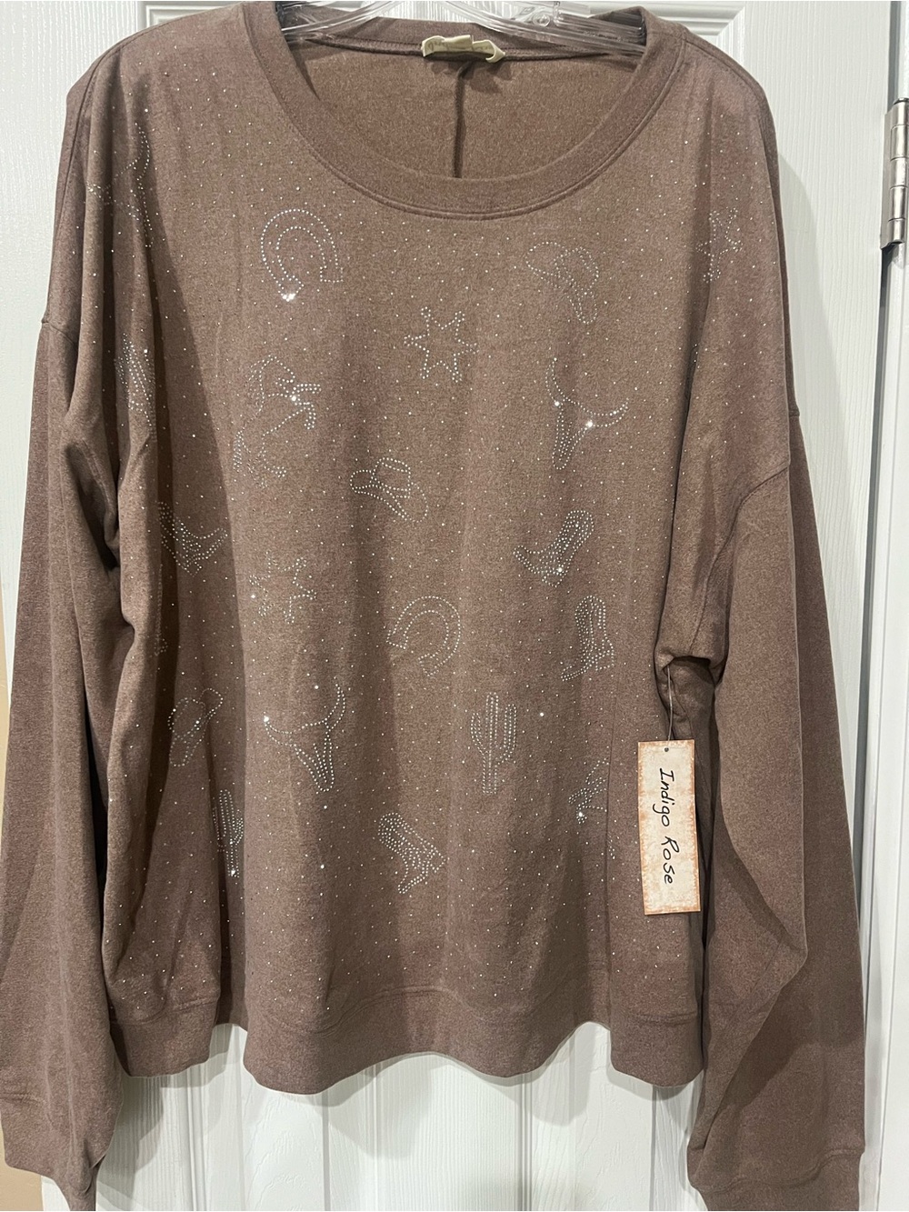 Brown Embellished Western Motif Sweater